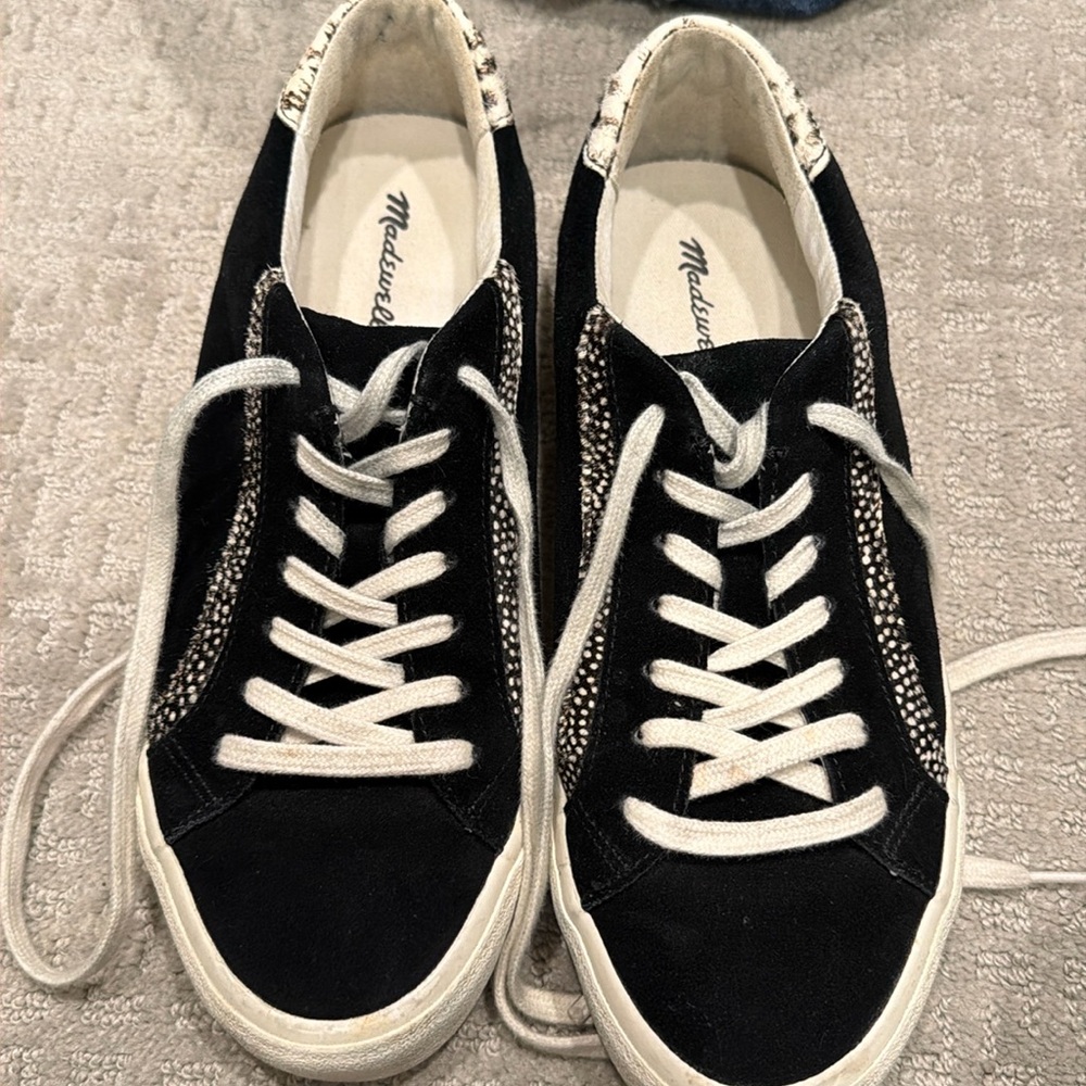 Madewell Black Suede and hair hide detail sneakers.